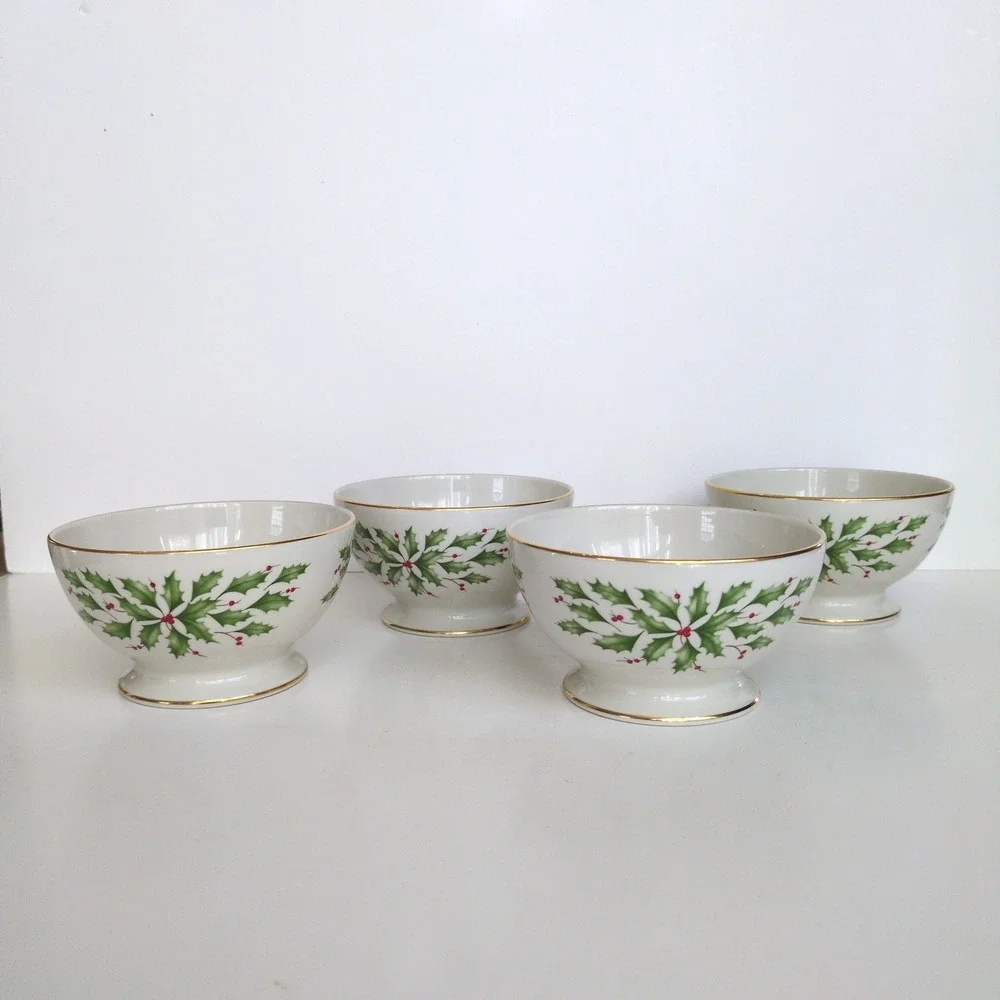 Lenox Holiday Dimension Footed Bowls Set Gold Trim Holly Berry Christmas + Box